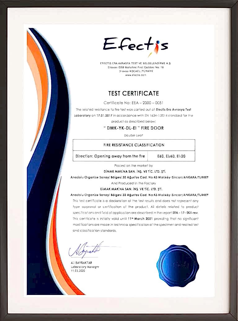 Çift Kanat 60 Dakika Yangına Dayanım Sertifikası