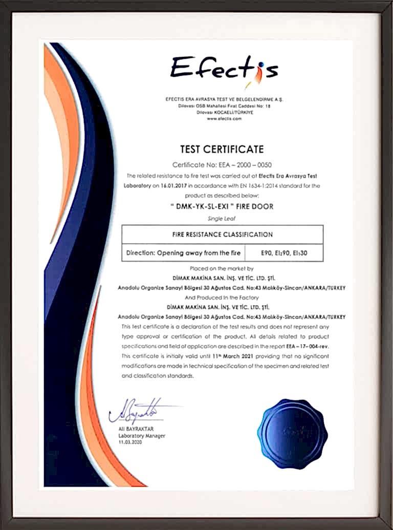 Tek Kanat 90 Dakika Yangına Dayanım Sertifikası
