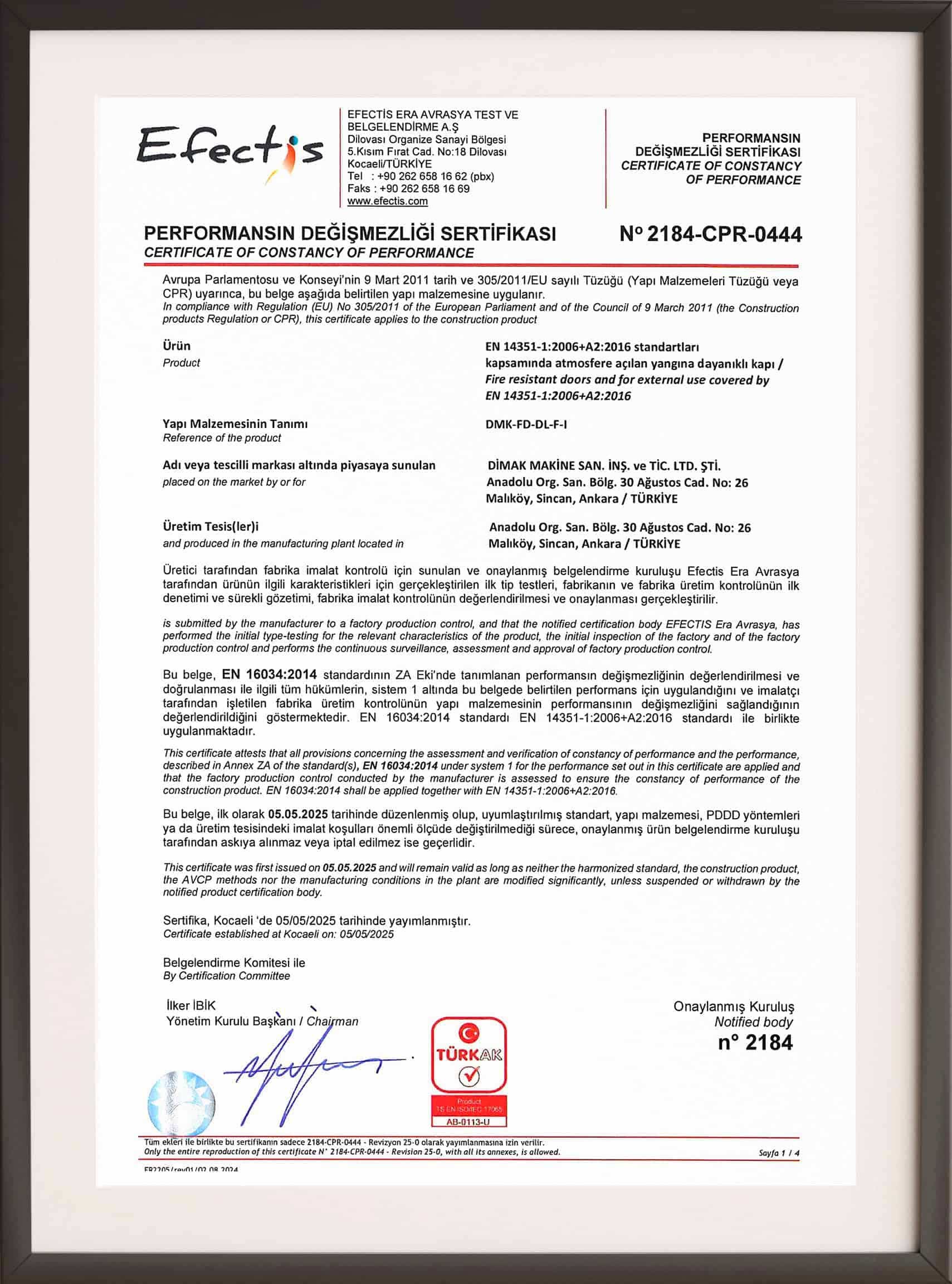 Dimak Çift Kanat Yangın Kapısı CE