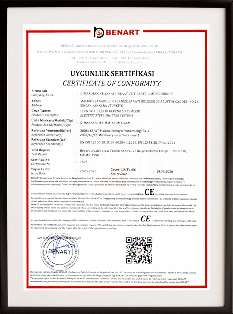 Dimak Kapı Çelik Kepenk Sistemleri CE Belgesi