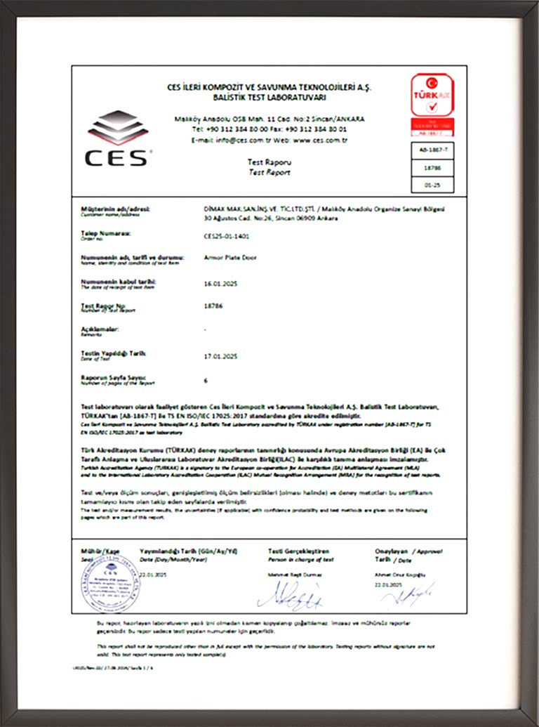 Dimak Kapı Kurşun Geçirmezlik Test Raporu