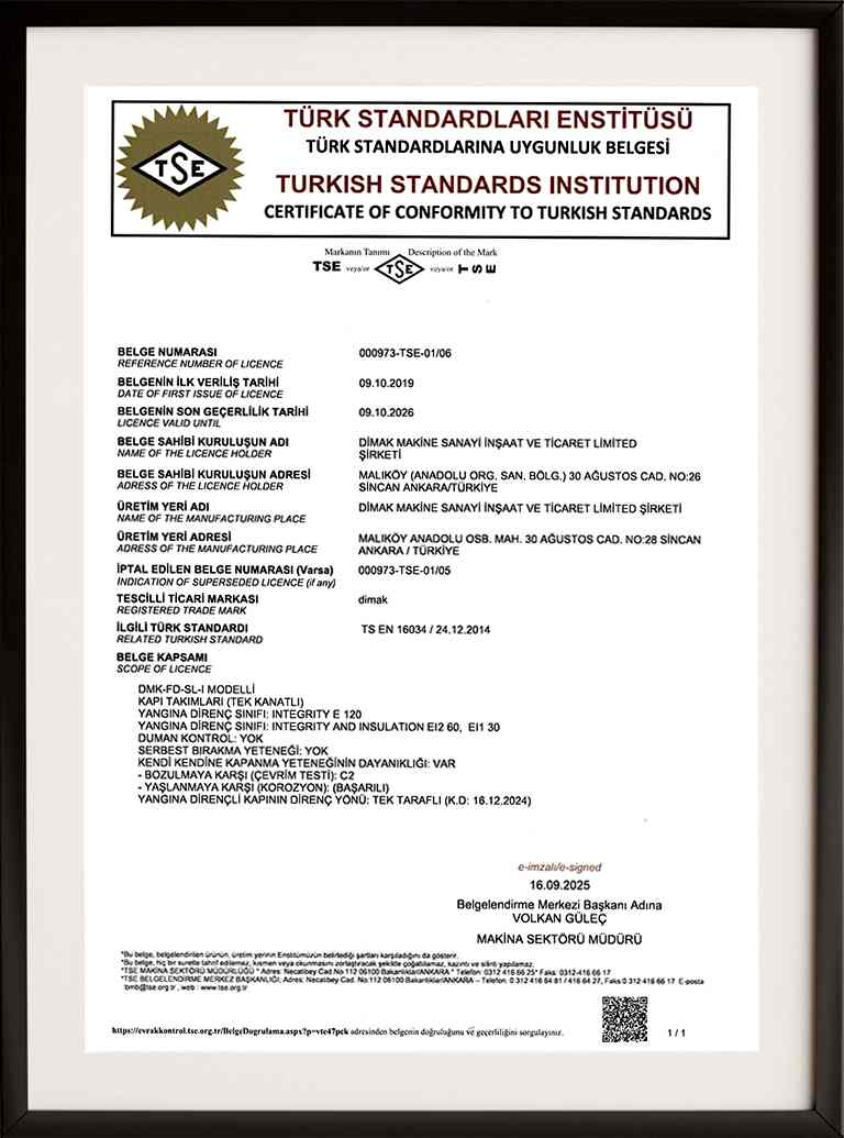 Dimak Kapı TSE Uygunluk Belgesi